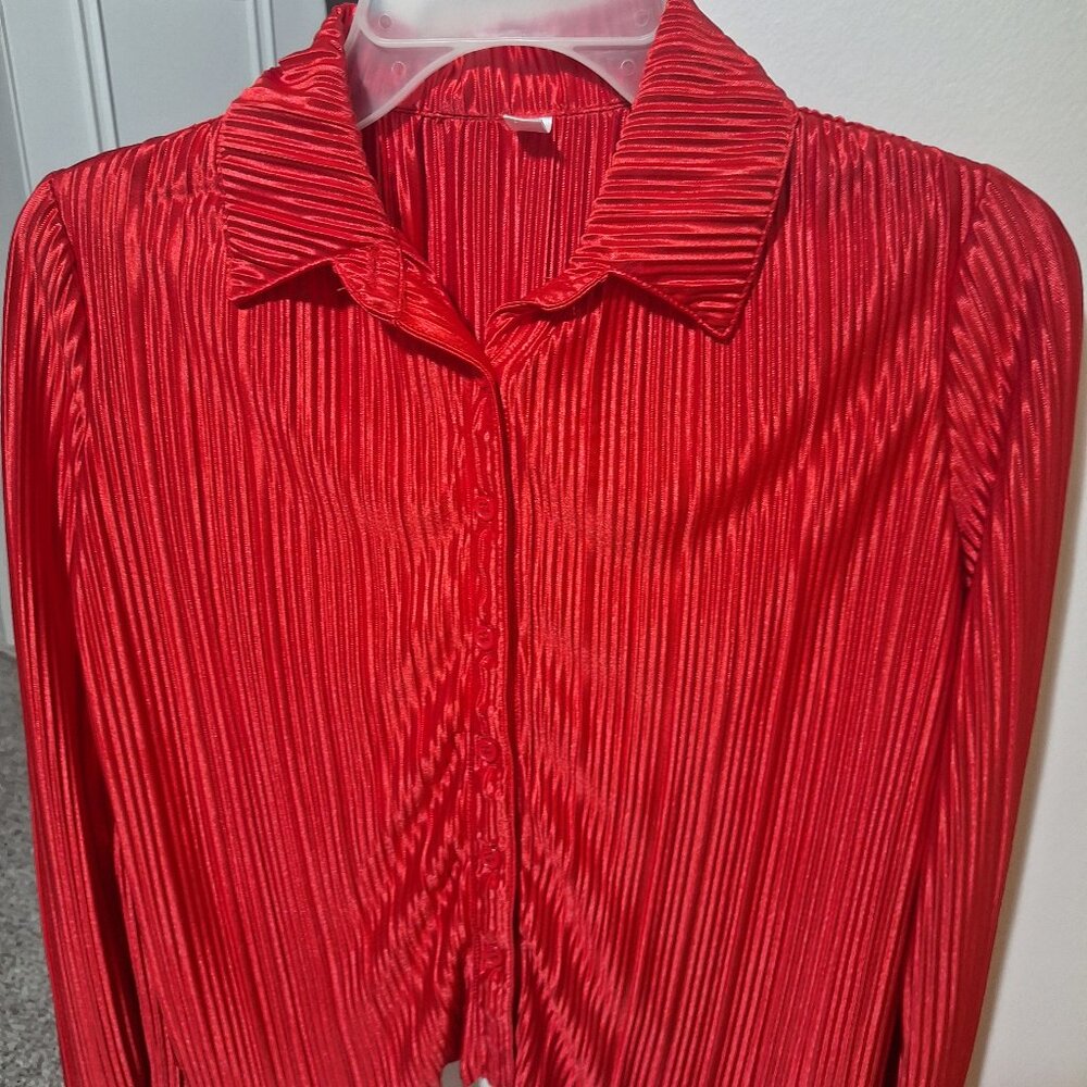 Red Ribbed Satin Button Blouse Long sleeve. Make an offer